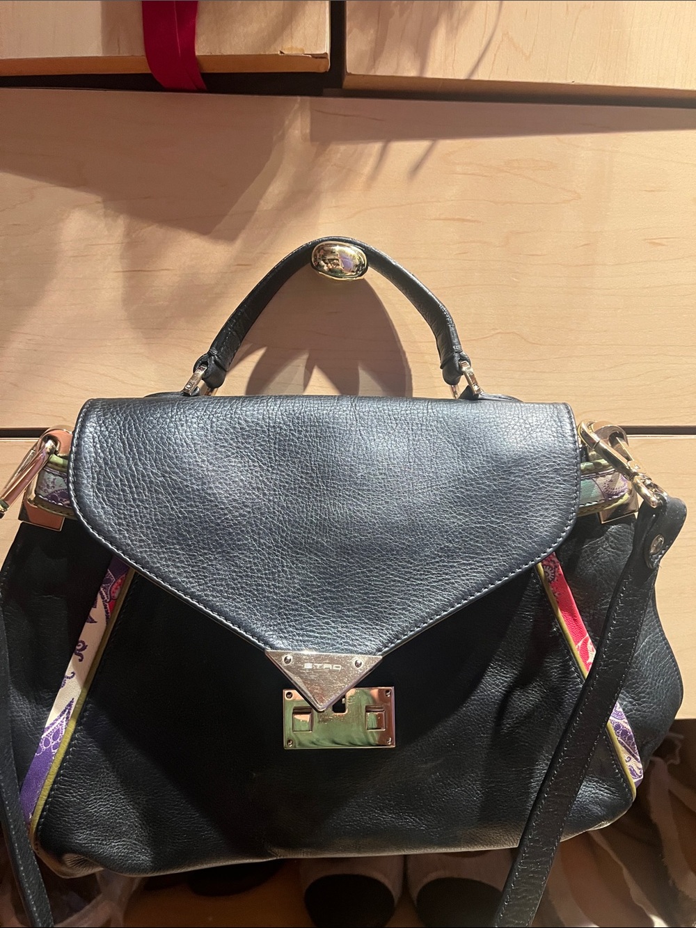 Black Leather Satchel with Patterned Accent Strap - Picture 3 of 17